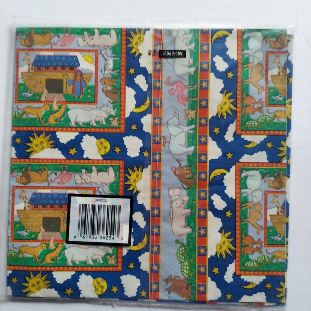 Vintage Sealed Gift Wrap Noah's Ark ~ 2 Sheets Flat Colorful Animal Paper NOS - Picture 4 of 5